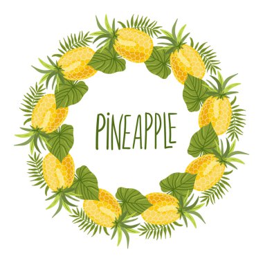 Ananas çelengi ya da sınır. Beyaz arka planda izole edilmiş tropik yaz meyveleri. Citrus 'un el çizimi tarzı. Moda, iç mekan, kapak, tekstil veya arka plan için İskandinav İskandinav İskandinav tasarımı. 