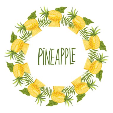 Ananas çelengi ya da sınır. Beyaz arka planda izole edilmiş tropik yaz meyveleri. Citrus 'un el çizimi tarzı. Moda, iç mekan, kapak, tekstil veya arka plan için İskandinav İskandinav İskandinav tasarımı. 