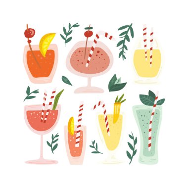 El yapımı alkollü içecekler, kokteyller. Yaz tatili ve plaj partisi konsepti. İzole vektör simgeleri. Bar, iç veya kapak, tekstil veya arkaplan için İskandinav İskandinav kuzey tasarımı.
