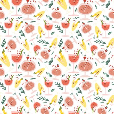 Kokteyl vektör çizimleri. Kusursuz bir arka plan. Moda, iç mekan, kapak veya tekstil için İskandinav karikatür çizimi.