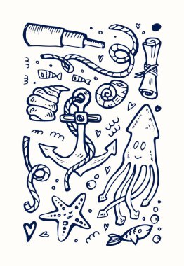 Yaz ve plaj şirin tabelası. Vektör illüstrasyon seti. Çıkartmalar, afişler, sosyal medya paylaşımları için tasarım. Pozitif karalama simgeleri, tatil unsurları. Beyaz arkaplanda izole.