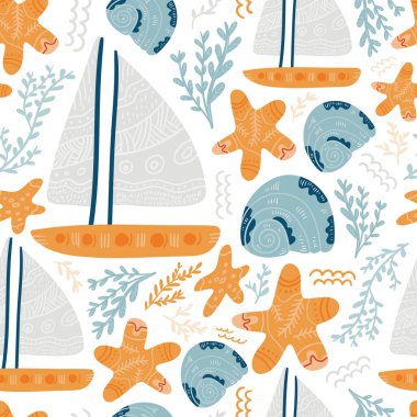 Yaz vektör çizimleri. Kusursuz bir arka plan. Moda, iç mekan, kapak veya tekstil için İskandinav karikatür çizimi.