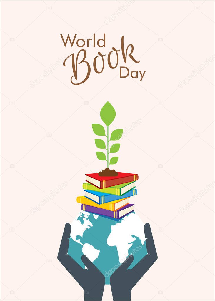 World book day illustration vector. Flat illustration of world globe hold in hand with stack of book and plant