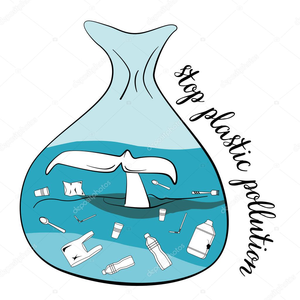 A Whale tail in a plastic bag with garbage - canister, straw, bottle, plastic. Concept Stop plastic pollution Vector flat illustration for World Environment Day. Poster with lettering. Harm to nature.
