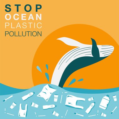 Okyanus plastik kirliliğini durdurun. Üzerinde harfler olan ekolojik bir poster. Çöp dolu sudan atlayan balina. Okyanus kirliliği vektör illüstrasyonu. Balina ekolojik posterindeki çöp. Vektör