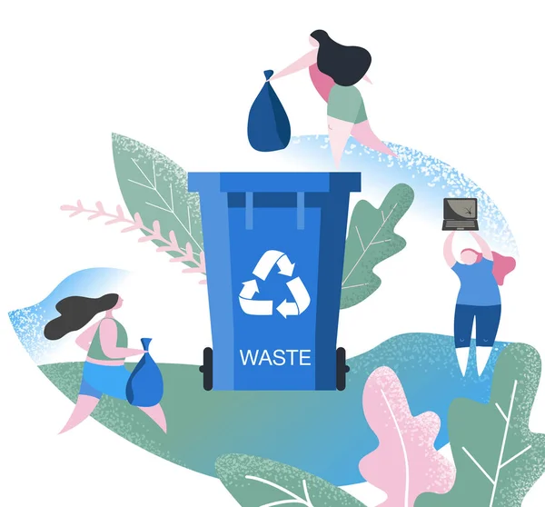 Çöp atıkları sınıflandırılıyor. Geri dönüşüm çöpü - küçük insanlar konteynırlara çöp atar. Plastik, kağıt, organik, atık. Çevre koruma, ekoloji, dünya günü. Motivasyonel vektör çizimi — Stok Vektör