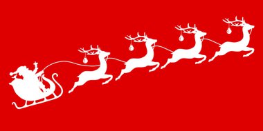 Beyaz Noel Kızağı Noel Baba ve Dört Uçan Ren Geyiği Kırmızı Arka plan Mırıldanıyor