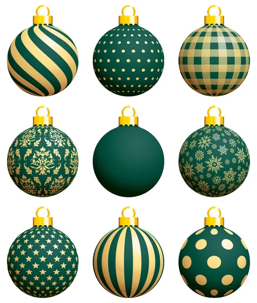 Kilenc Karácsonyi Baubles Minta Zöld Arany — Stock Vector