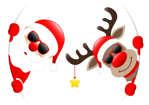 Santa Reindeer Sunglasses Golden Star Looking Banner — Stock Vector