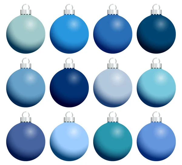 Doze Brilhantes Monocromático Natal Baubles Azul Com Prata — Vetor de Stock
