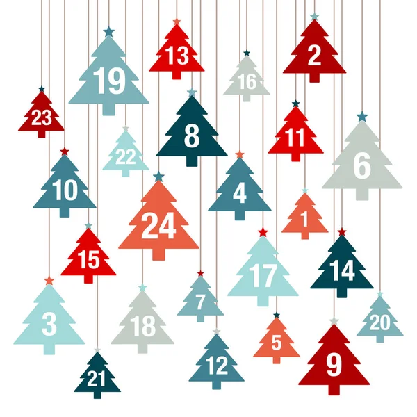 Calendário Advento Árvores Natal Penduradas Vermelho Azul — Vetor de Stock