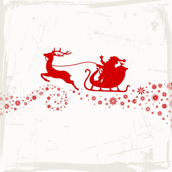 Red Christmas Sleigh One Reindeer Snowflakes Scratches Beige Background — Stock Vector