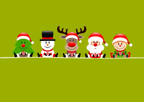 Light Green Card Tree Snowman Reindeer Santa Elf — ストックベクタ