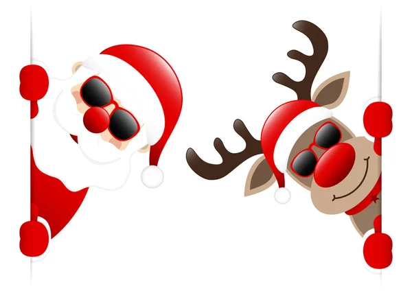 Groot Donker Rood Kerstman Rendieren Met Een Zonnebril Binnen Banner — Stockvector