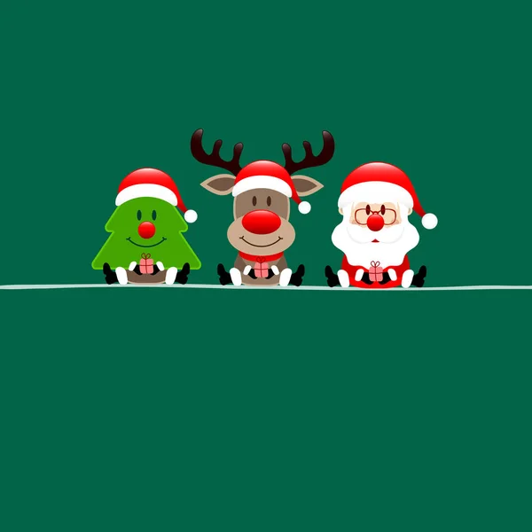 Square Christmas Card Tree Reindeer Santa Claus Dark Green — ストックベクタ