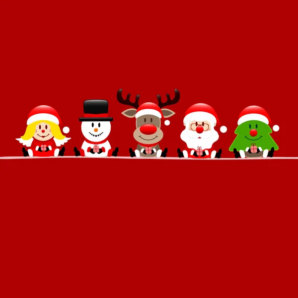 Square Red Card Angel Snowman Reindeer Santa Tree — ストックベクタ