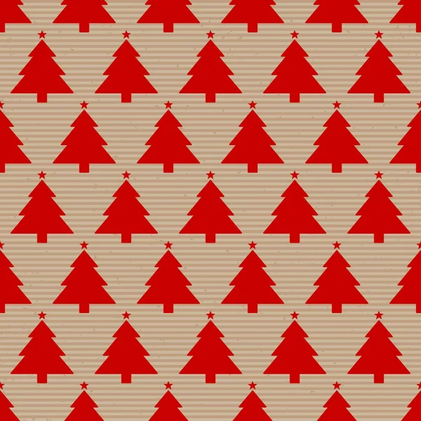Nahtloses Muster Braunes Papier Und Große Rote Weihnachtsbäume — Stockvektor