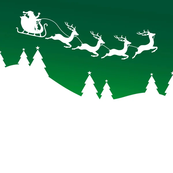 Natal Sleigh Quatro Renas Acima Floresta Verde Fundo — Vetor de Stock