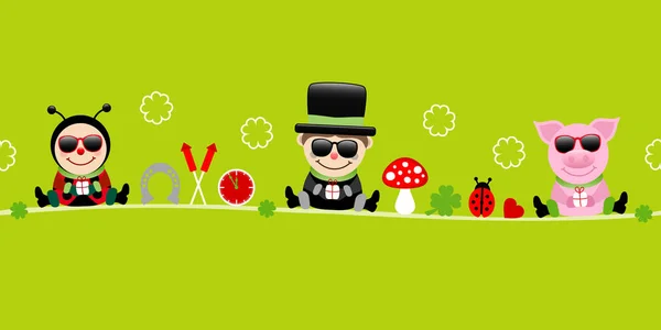 Banner Ladybug Chimney Sweep Pig Sunglass Icons New Years Eve — стоковий вектор