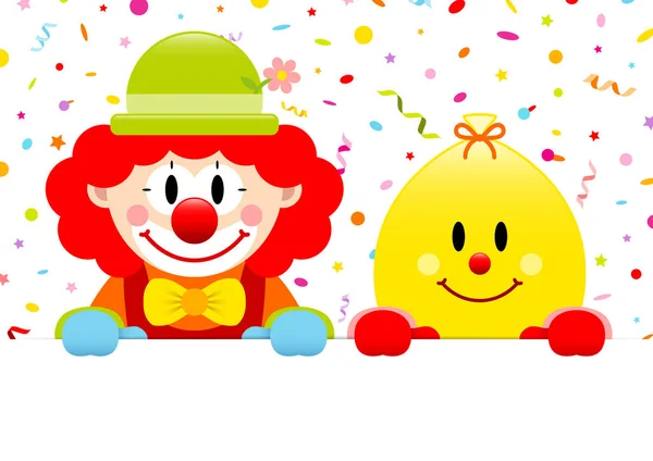 Clown Mit Roten Haaren Und Gelber Luftballon Mit Transparenten Luftschlangen Vektorgrafiken