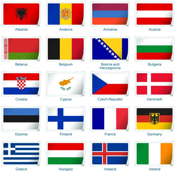 Lot de vingt drapeaux en style autocollant. L'Europe l'une des trois. — Image vectorielle