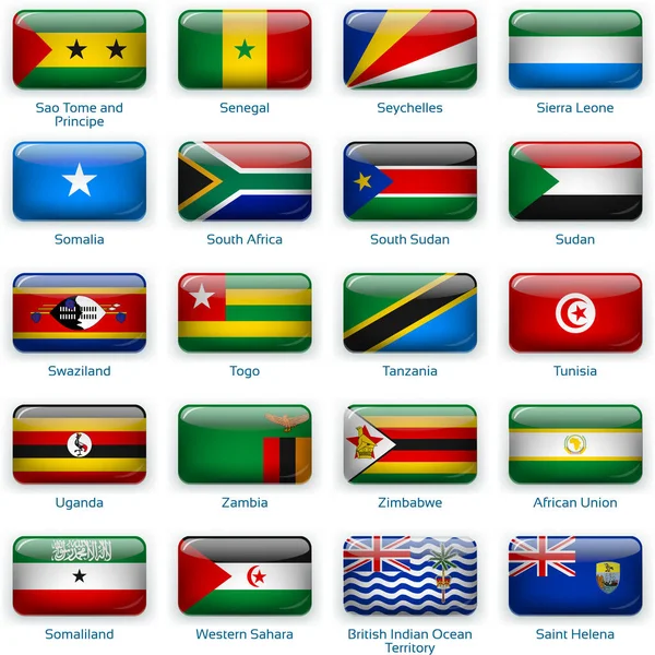 Zwanzig Flaggen im Knopfdruck-Stil. Afrika drei von drei. — Stockvektor