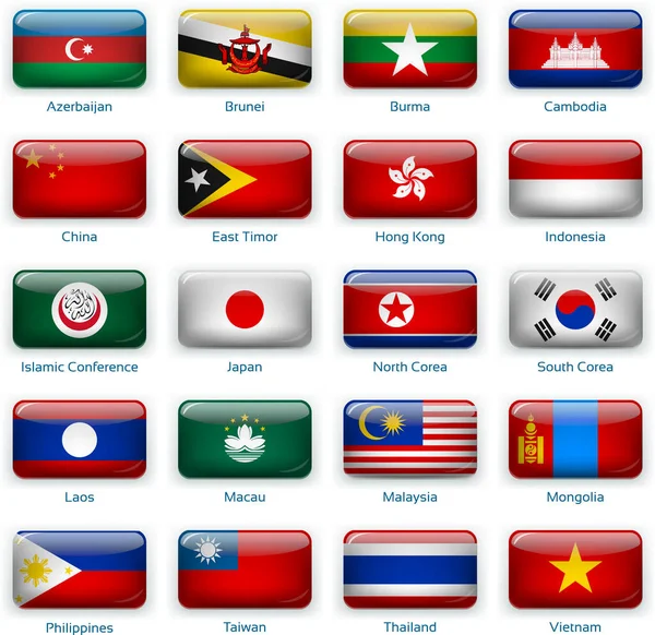 Zwanzig Flaggen im Knopfdruck-Stil. Ostasien — Stockvektor