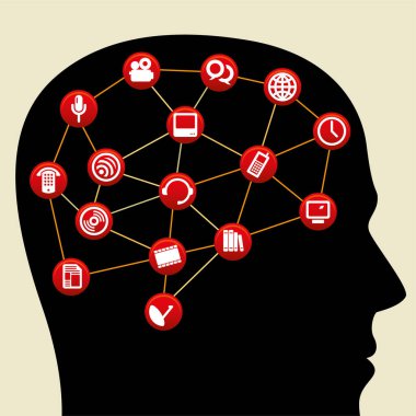 Beyin olarak birbirine bağlı simgelerle baş.