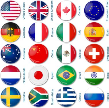 Yuvarlak şekilli yirmi bayrak seti. Popüler ülkeler.