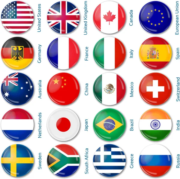 Set de veinte banderas en estilo redondo. Países populares . — Vector de stock