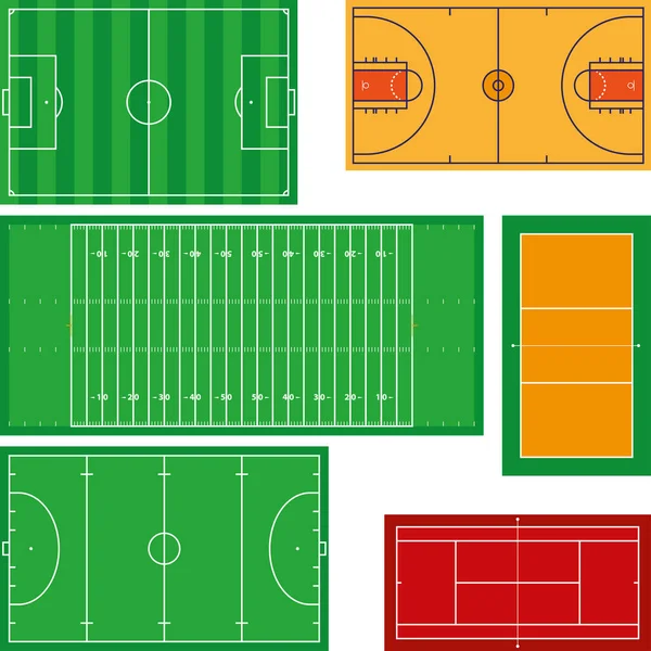 Sześć planów boiska. Od piłki nożnej do tenisa. — Wektor stockowy