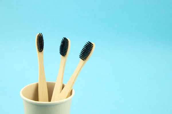 Bamboo non-waste ecological brushes with natural bristles in an eco-friendly cup. Blue background. Oral care Copy space — Stock Photo, Image