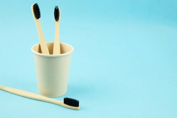 Bamboo toothbrushes with natural nap in an ecological bio cup and one is lying nearby. Caring for the environment. Zero waste. No to plastic. Dental and oral care. Copy space — Stock Photo, Image