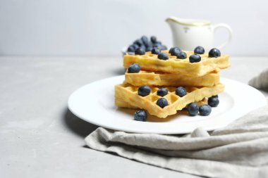 Beyaz bir tabakta yaban mersinli Viyana ya da Belçika taze waffle 'ı. Arka planda bir kase çilek ve krema var. Sabah kahvaltısı. Gri arka plan. Metin için yer