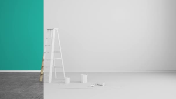 abstraktní barevný proužek v zrekonstruovaném obývacím pokoji s žebříky a kbelíky na barvy - 3D vykreslování