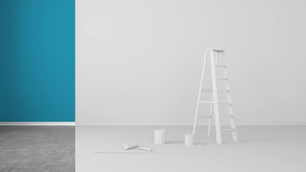 Tira Colorida Abstrata Sala Estar Renovada Com Baldes Escada Pintura — Vídeo de Stock