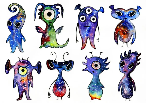 Artwork Watercolor Space Monsters — Stock Photo, Image