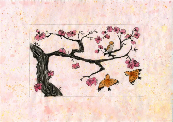 Akvarell Rajz Verebek Közelében Cseresznyevirág — Stock Fotó