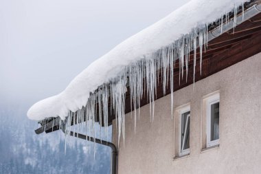 Kışın dağlarda geleneksel ahşap bir evin çatısında yağmur oluğunun üzerinde asılı duran buz saçakları ve kar tehlikeli olabilir. Arka planda ağaçlar.