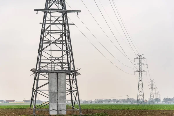 Electricity distribution system. High voltage overhead power line, power pylon, steel lattice tower standing in the green field.