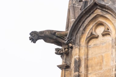 Prague, Czech Republic - August 17,2019: Close up view of gargoyle in the Cathedral church Sacred Vitus. The gargoyle is a highly decorative spout, allowing water to be channelled away from buildings. clipart
