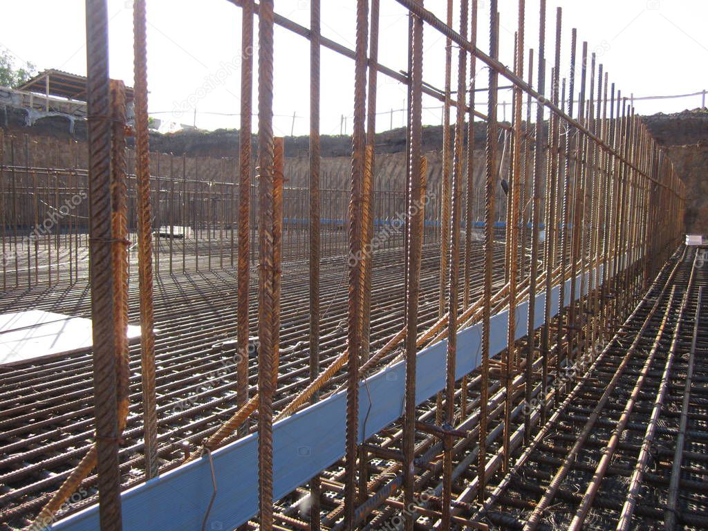 steel frame at a construction site for subsequent concrete pouring