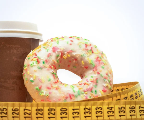 Dolcetto Malsano Collage Una Tazza Carta Con Caffè Una Ciambella — Foto Stock