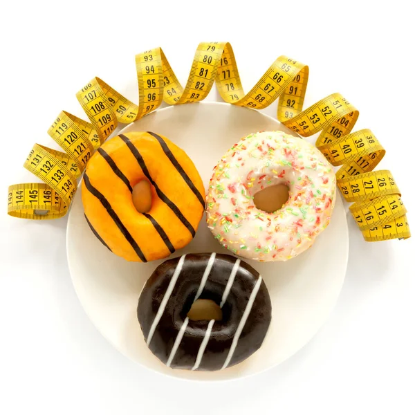 Abstract Funny Female Face Made Donuts Measuring Tape White Saucer — Stock Photo, Image