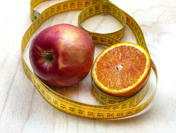 Collage Apple Orange Centimeter Located Brown Background Fruit Diet Help — Stock Photo, Image
