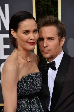 Los Angeles, Usa. Ocak 06, 2020: Leslie Bibb & Sam Rockwell, Beverly Hilton Hotel 'deki 2020 Altın Küre Ödülleri' ne geliyor.