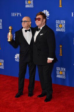 Los Angeles, Usa. 5 Ocak 2020: Bernie Taupin & Elton John, Beverly Hilton Oteli 'nin 2020 Altın Küre Ödülleri' nde basın odasında