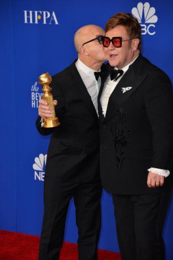 Los Angeles, Usa. 5 Ocak 2020: Bernie Taupin & Elton John, Beverly Hilton Oteli 'nin 2020 Altın Küre Ödülleri' nde basın odasında
