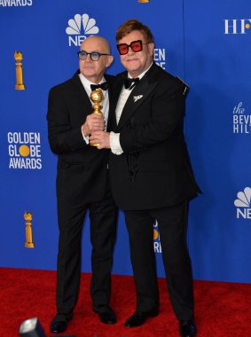 Los Angeles, Usa. 5 Ocak 2020: Bernie Taupin & Elton John, Beverly Hilton Oteli 'nin 2020 Altın Küre Ödülleri' nde basın odasında