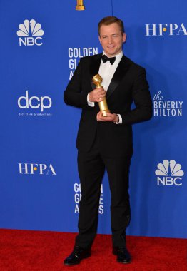Los Angeles, Usa. 5 Ocak 2020: Taron Egerton, Beverly Hilton Oteli 2020 Altın Küre Ödülleri 'nde basın odasında.